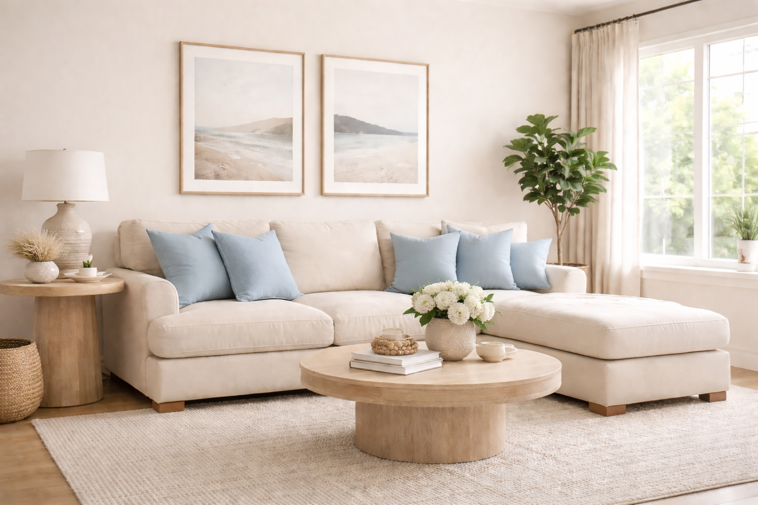 A sunlit coastal living room