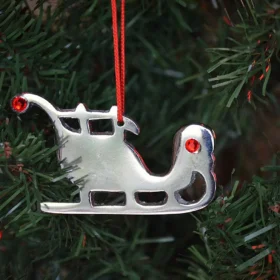 Sleigh Christmas Tree Ornament Decorations Set of 4 - Handcrafted Holiday Decor with Red Ruby Crystals