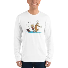 Calvin and Hobbes Record Player Long Sleeve Shirt - Ultra Soft Cotton, Comic Strip Apparel, Tapered Cuffs