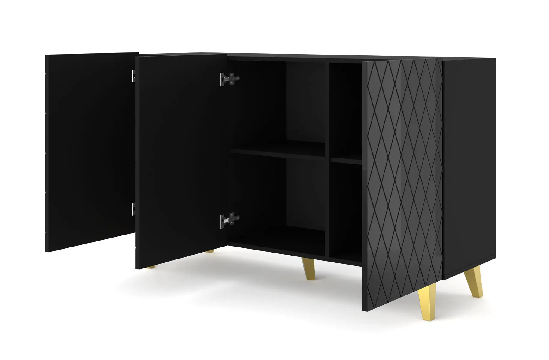 DIUNA_KOMODA 3D 145_Czarny_CzarnyHG_zlote nozki_OTWARTA.jpg — Trend Oasis