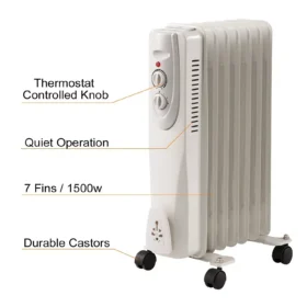 Portable Oil Filled Radiator Space Heater, 1500W, 7-Fin & 3 Heat Settings